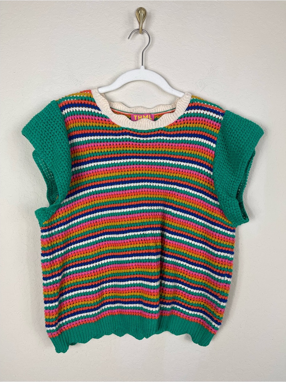 THML Lanie Flutter Sleeve Rainbow Stripe Knit Crochet Top Size XL